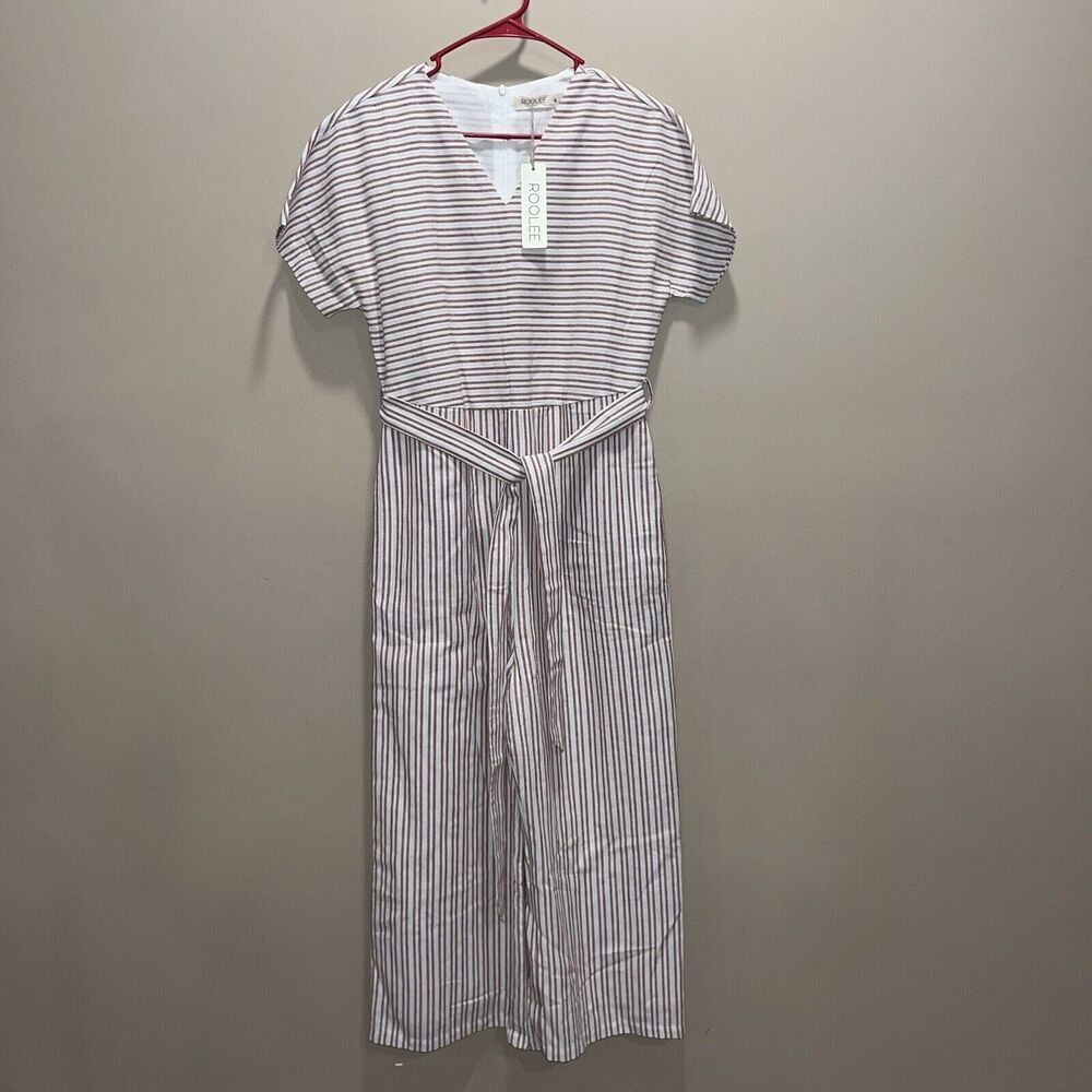 NWT Roolee Women’s Dk Red Striped Linen Jumpsuit M Minimalist Staple Essential